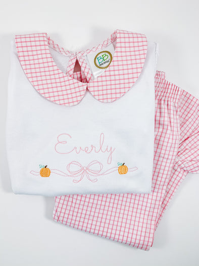 Pumpkins with Bow Embroidery on Girl's Personalized White Shirt with Gingham Round Collar with Matching Pants