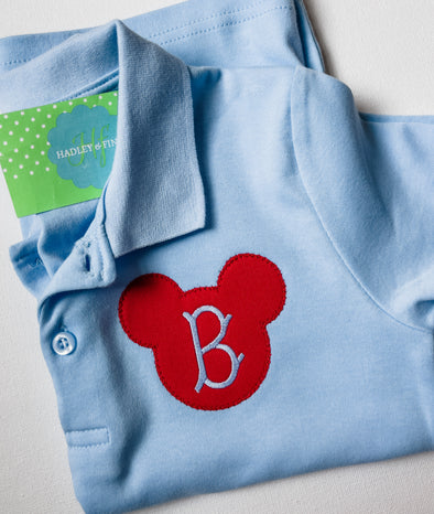 Monogram Initial on Red Boy Mouse Ears Applique  - Boy's Blue Polo Shirt
