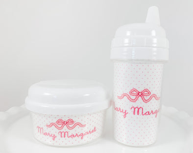 Girl's Bow Embroidery - Drink and Snack Cups - Personalized on Pink Bitty Dot Fabric Insert