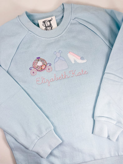 Princess Trio Applique on Girl's Light Blue Sweatshirt Personalized with Name