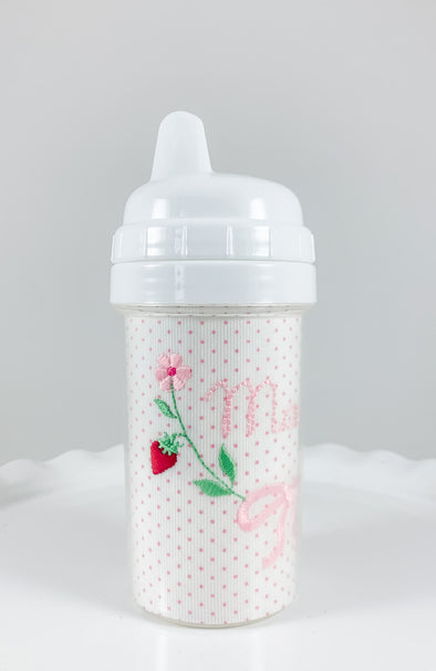 Strawberry and Floral Embroidery - Sippy and Tumbler Cups - Personalized on Pink Bitty Dot Fabric