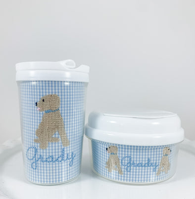 Puppy Dog Embroidery - Drink and Snack Cups - Personalized on Blue Gingham Fabric Insert