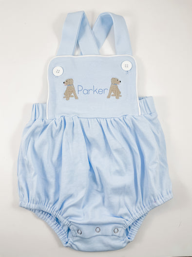 Puppy Dogs Embroidery on Baby/Toddler Boys Personalized Blue Bubble/Sunsuit