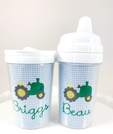 Green Farm Tractor Embroidery - Drink and Snack Cups - Personalized on Blue Gingham Fabric Insert