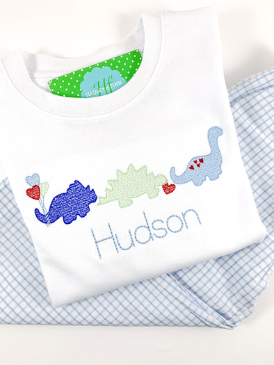 Valentines and Dinosaur Trio on Boy's White Shirt Personalized with Name