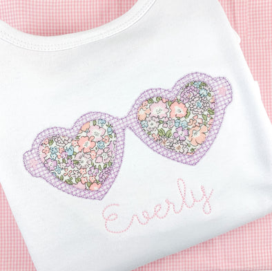 Heart Shaped Sunglasses Applique on Girl's White Shirt Personalized with Name