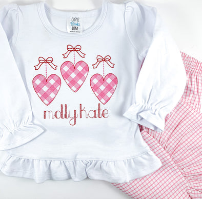 Valentines in Pink Trio with Bows Embroidered on Girl's White Shirt Personalized with Name