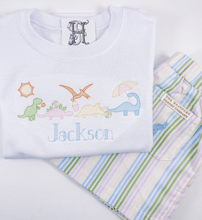 Shirt - White Tee Shirt - Boys - Dinosaurs Playing on the Beach Embroidery Personalized with Name