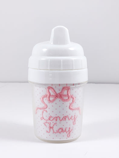 Girl's Bow Embroidery - Drink and Snack Cups - Personalized on Pink Bitty Dot Fabric Insert