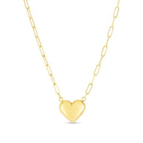 Yellow Gold Puffed Heart Paperclip Necklace