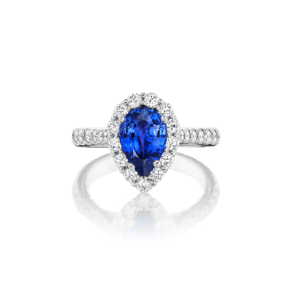 Barmakian Pear Shape Sapphire and Diamond Halo Ring