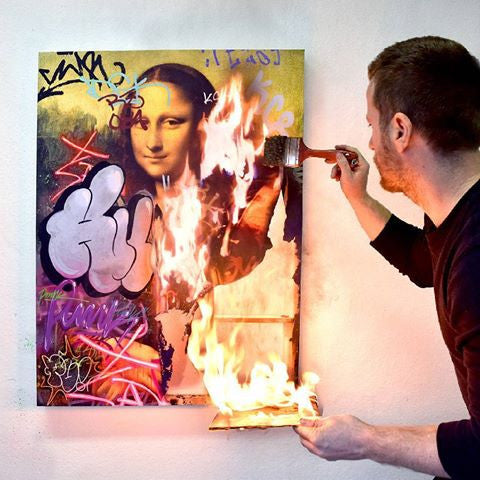 Nick Flatt painting Revolution Porno Mona Lisa Giclee print on canvas with flames