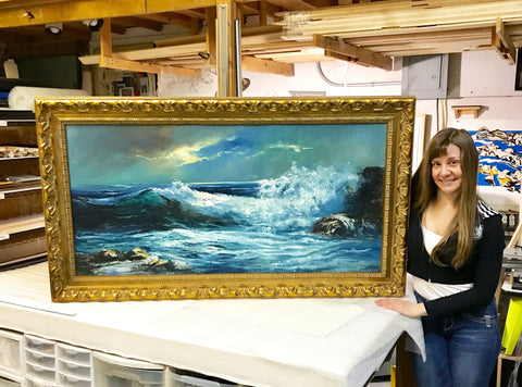 Water painting seascape gilded frame art restoration
