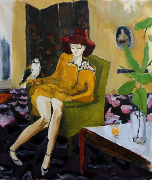 An oil painting by NYC based artist Bradley Wood entitled, Hawk Lady.