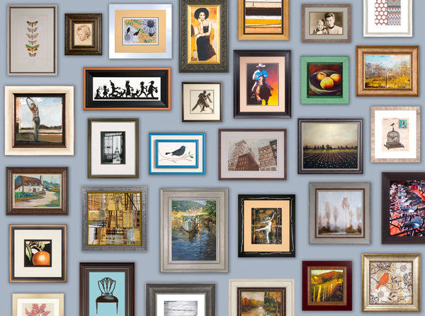 A collection of artwork and photos framed with Larson-Juhl frames..