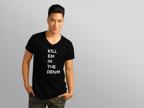Men's Kill Em In The Denim T-shirt- with model.  