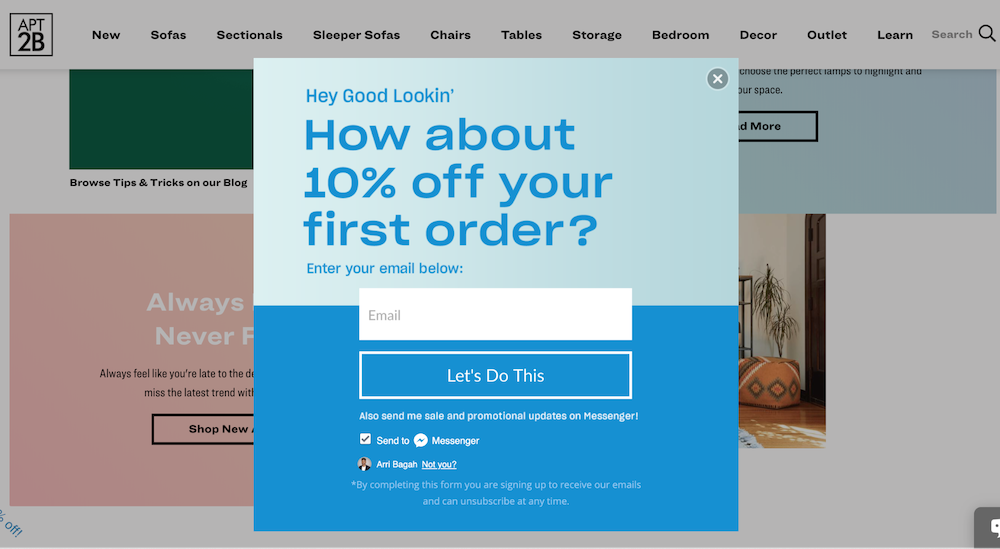 How about 10% off your first order on Apt2B's homepage
