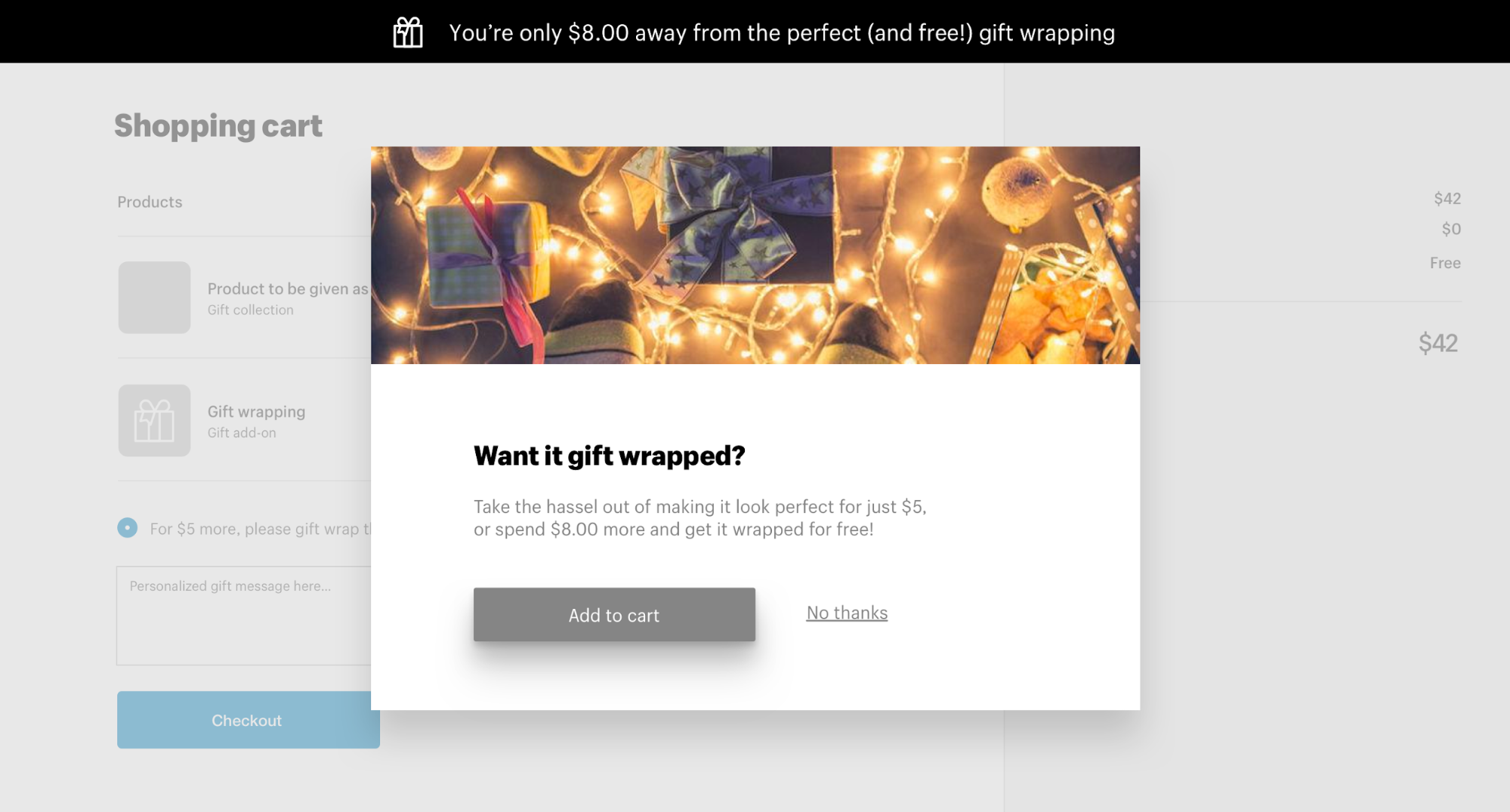 Gift wrapping pop-up and header bar example