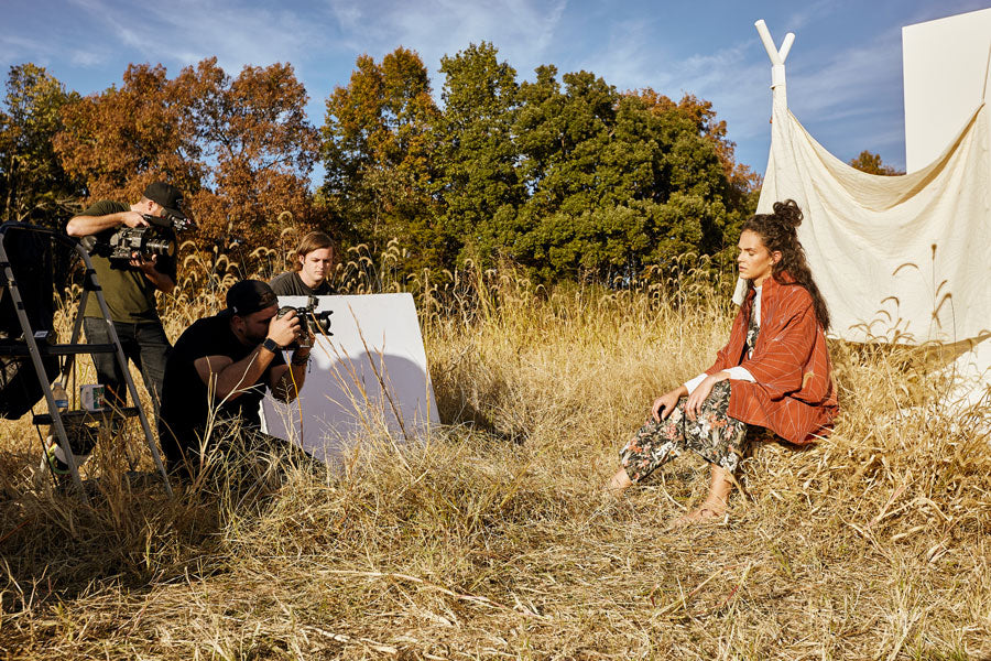 Clay Cook photographing Anchal Project Fashion Shoot with model wearing quilted jacket