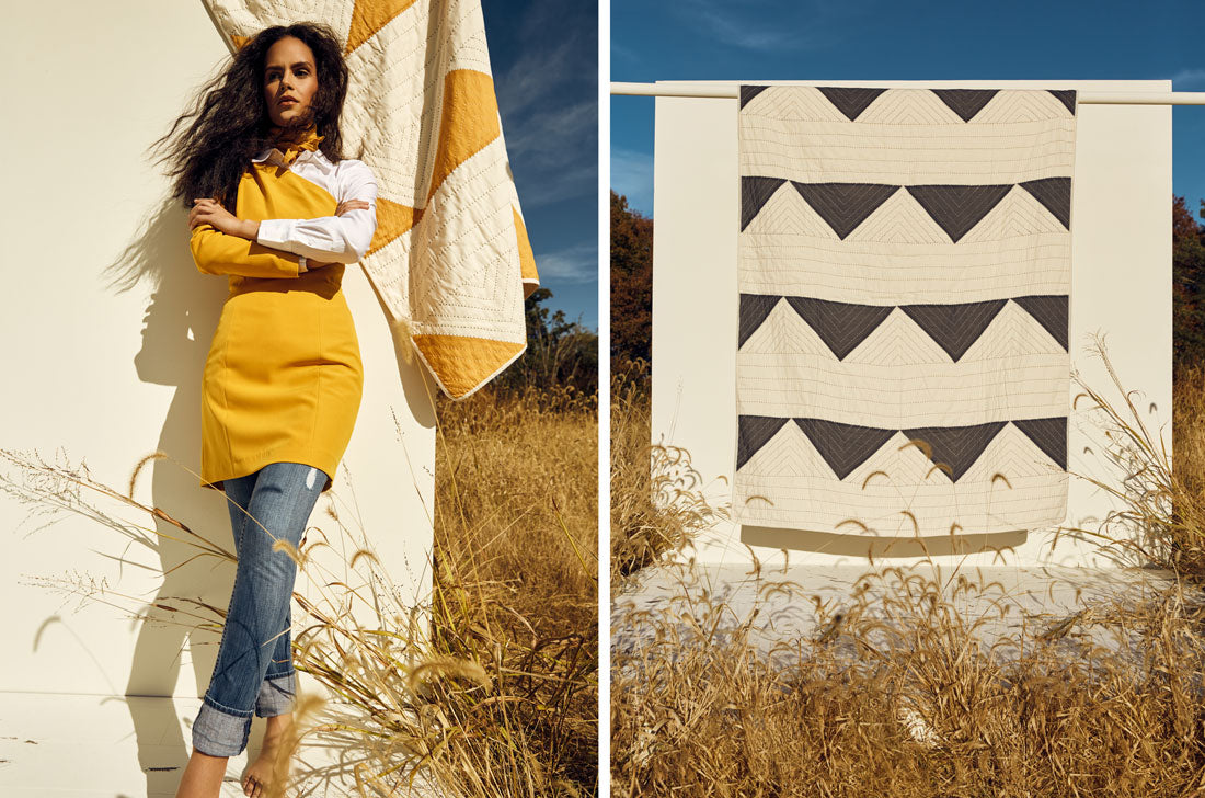 Anchal Triangle Quilts hanging in landscape with model wearing mustard bandana