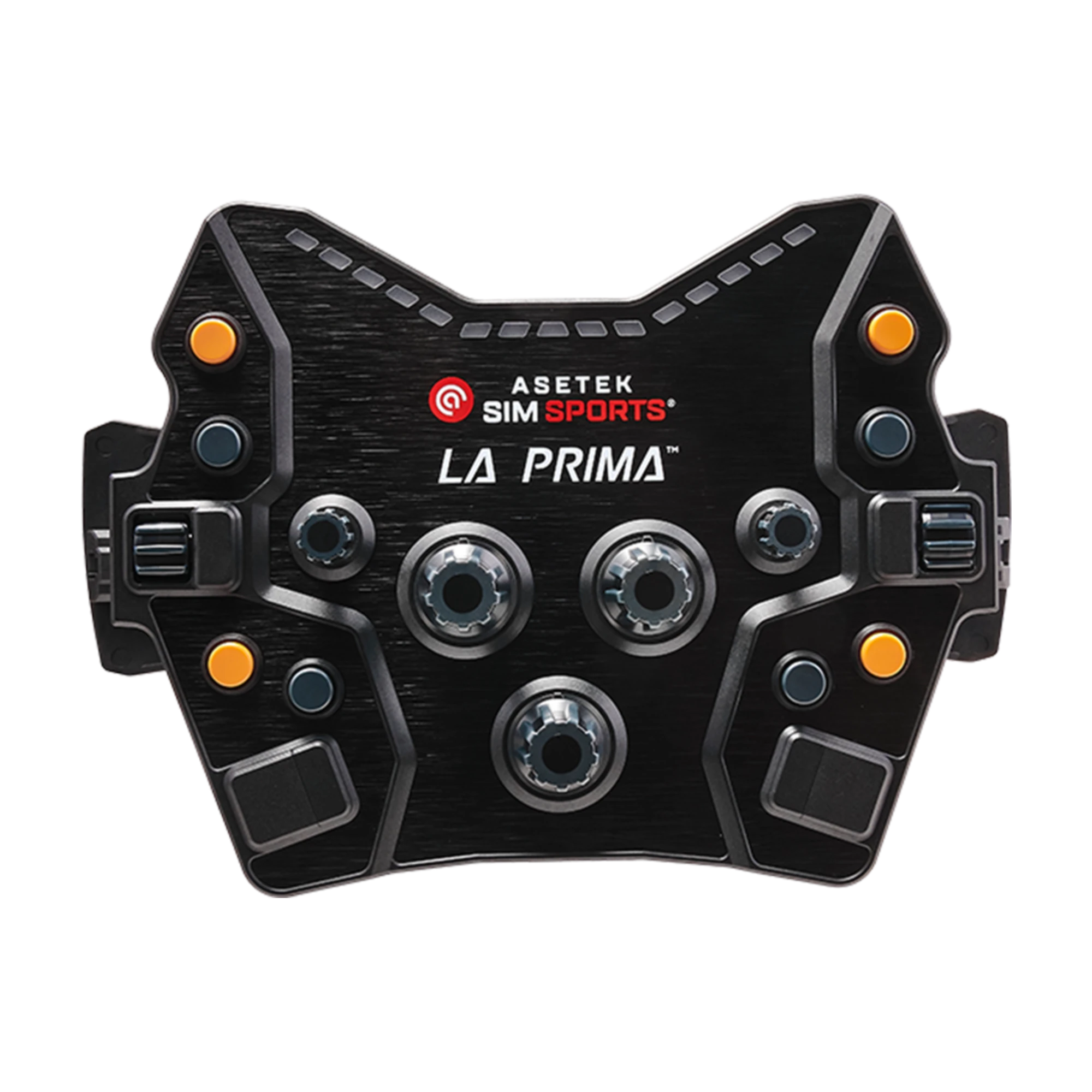 Front view of the Asetek La Prima GT Button Box with multiple buttons and encoders for versatile racing options.