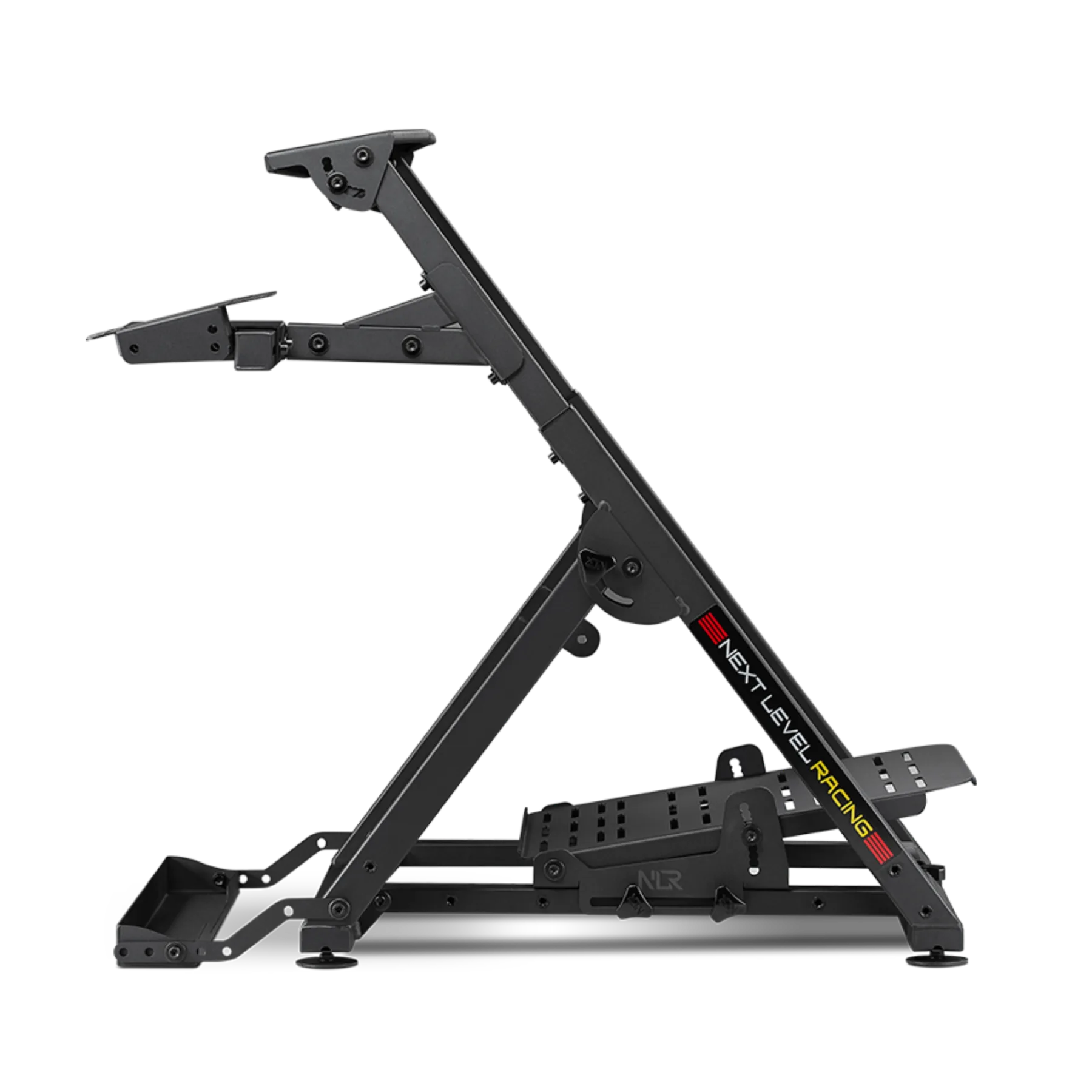 Next Level Racing Wheel Stand 2.0 side view, adjustable steel frame for wheels and pedals, foldable design for easy storage.