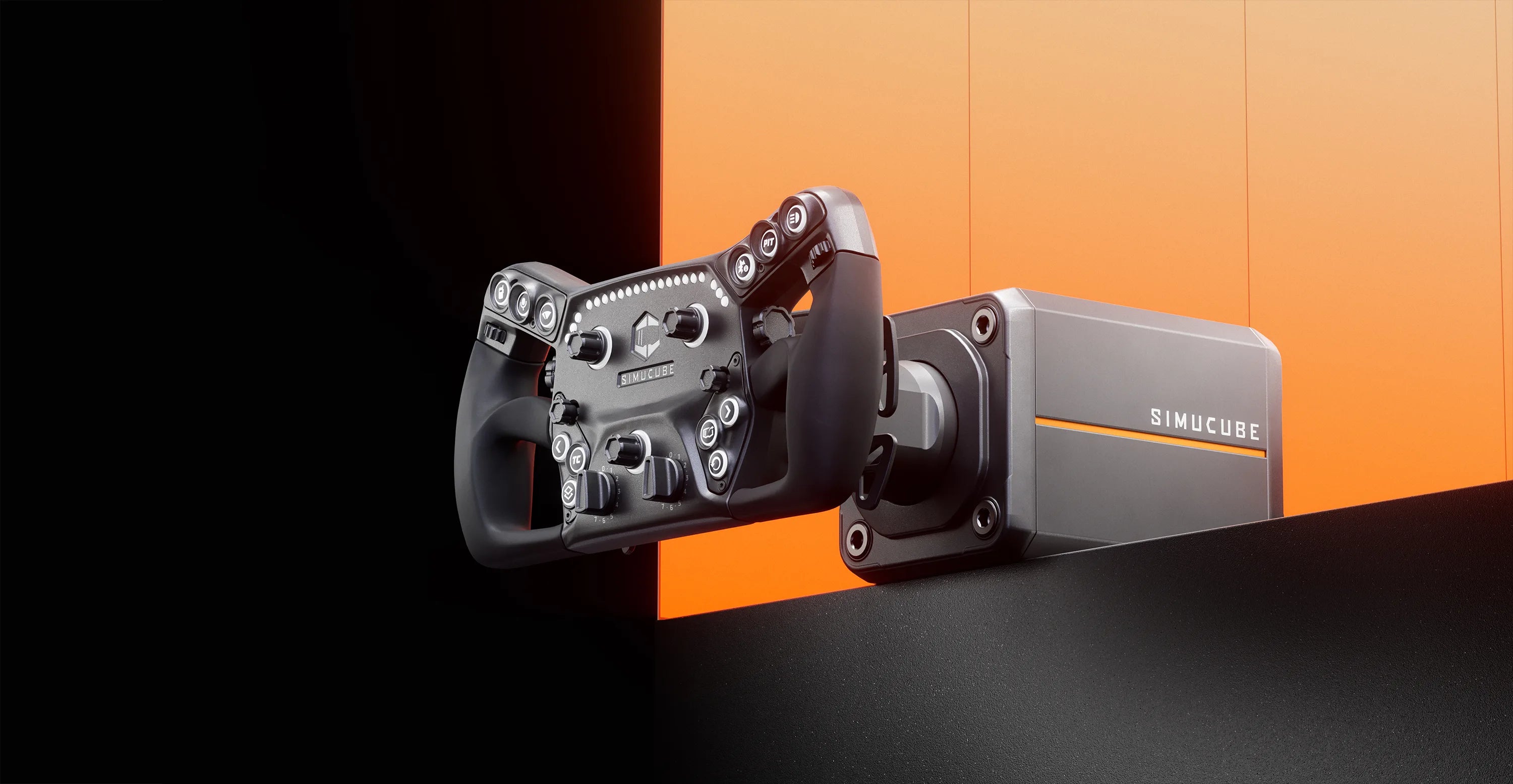 High-performance Simucube racing simulator setup with steering wheel on an orange and black background.