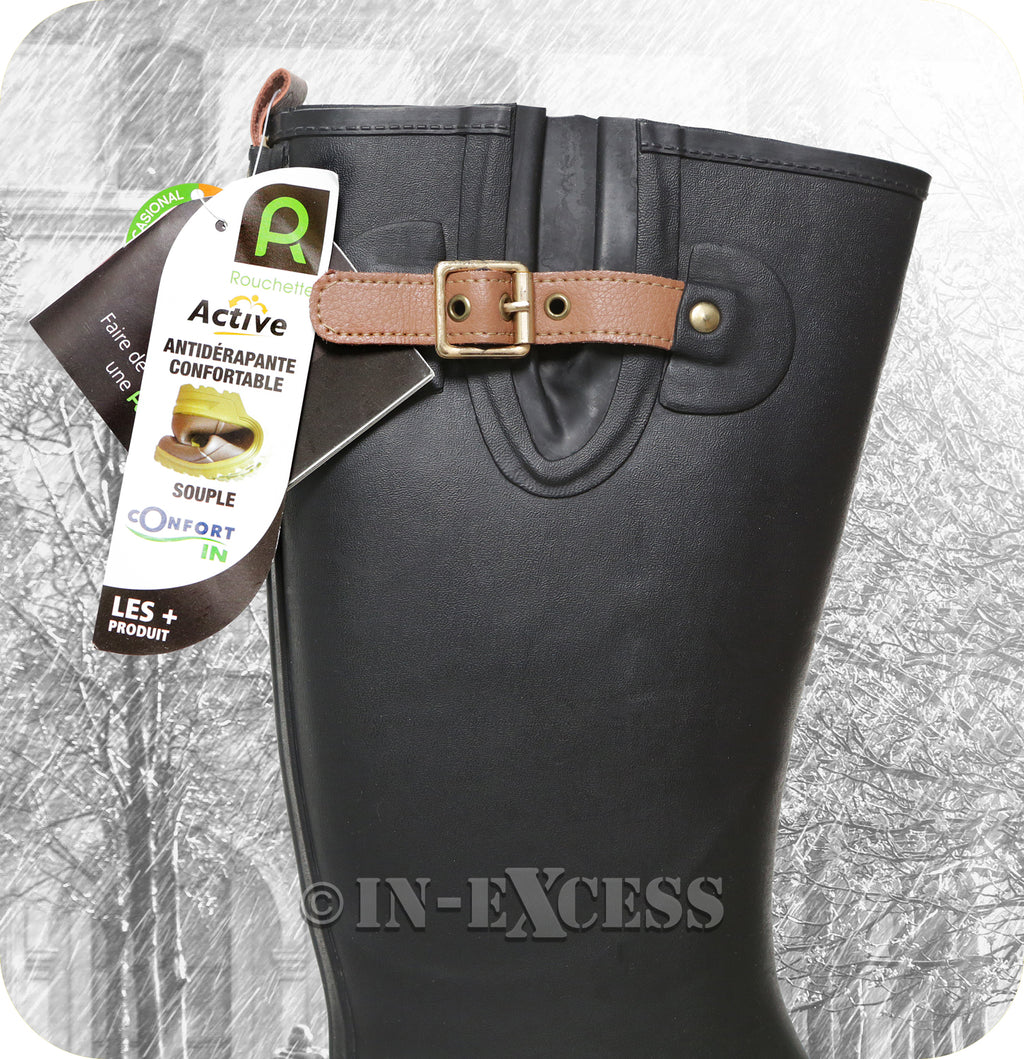 Rouchette Stylish Adjustable Leather Buckle Slim Wellington Walking Boots Black 