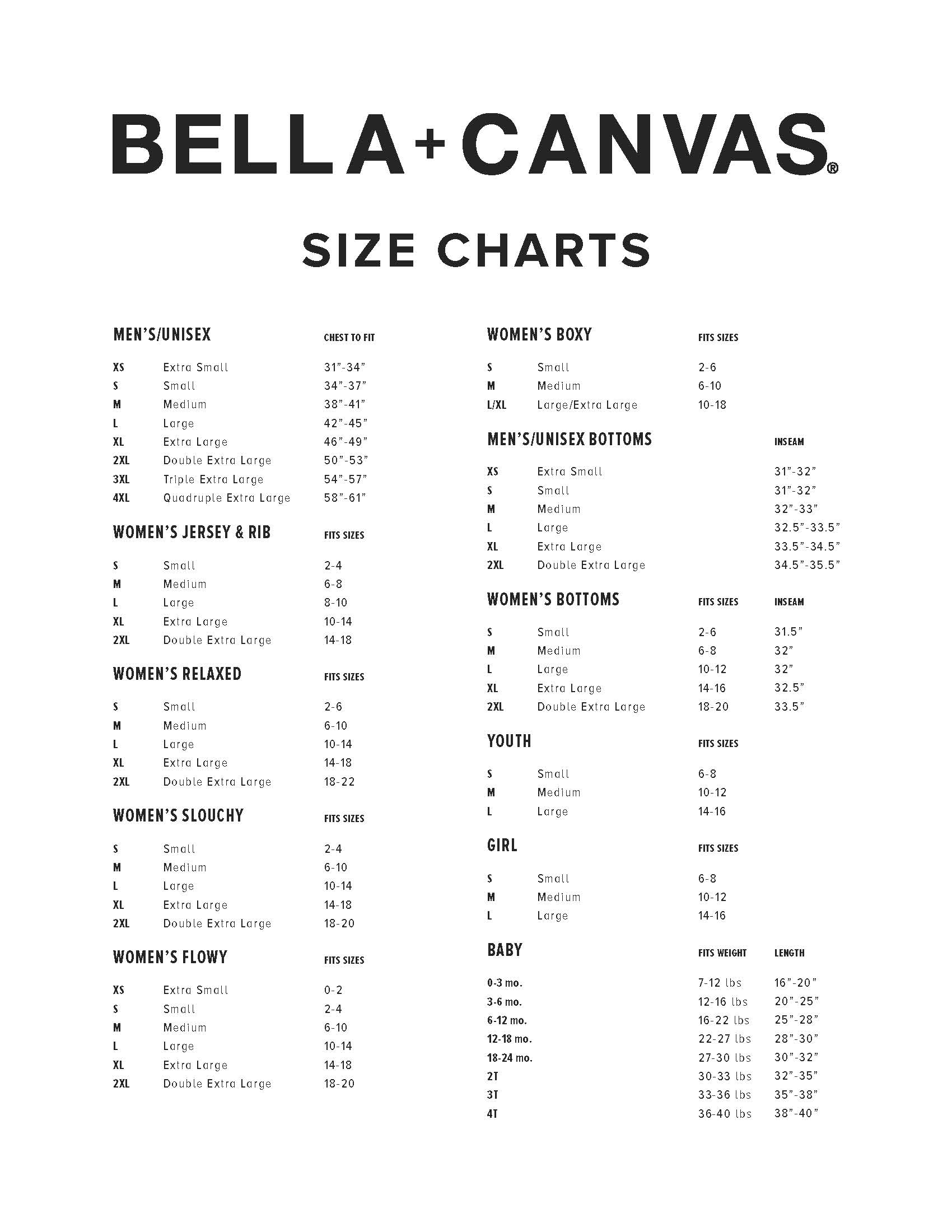 Bella+Canvas Size Charts