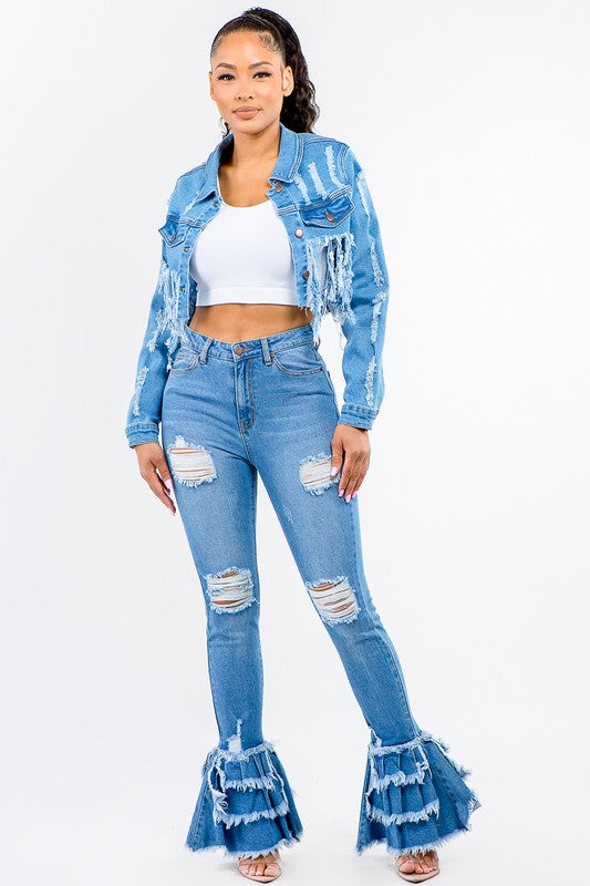 High Waisted Fringed Flare Jeans - Scarvesnthangs