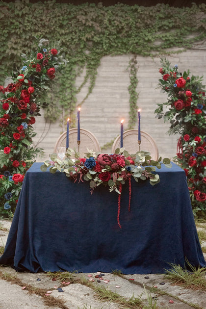 Flower Swag and Tablecloth for Sweetheart Table - Burgundy & Navy Blue