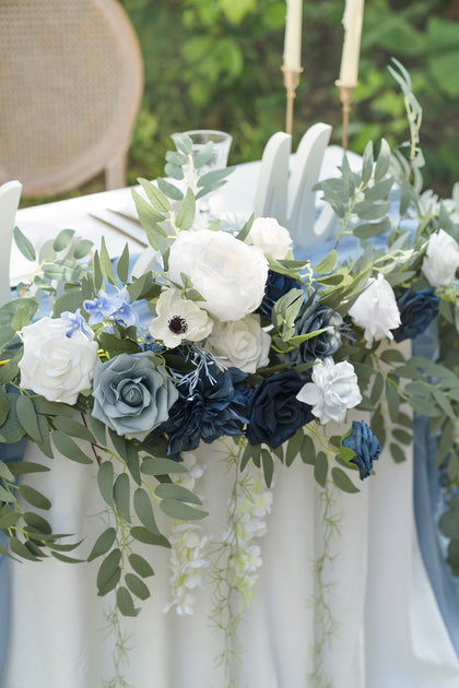 9ft Flower Garland for Sweetheart/Head Table - Dusty Blue & Navy