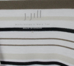 J Jill Top M size Multi Stripe Vneck Tee Shirt White Brown Black Lightweight - Jamies Closet - 6