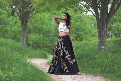 Off White Sleeveless Crop top with Navy Blue Embroidered Skirt