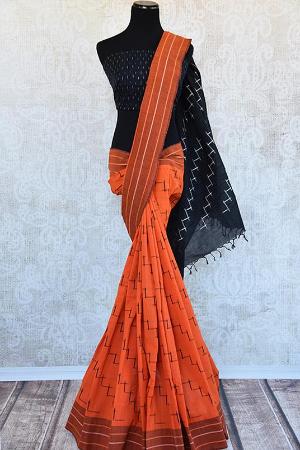 Orange and Black Cotton Ikkat Saree with Pop Up of White on Pallu