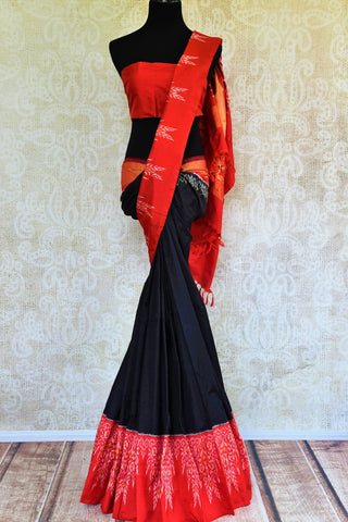 Classic Black Silk Saree with Red Ikkat Border