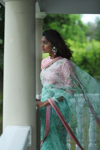 Green Floral Organza Saree with Embroidery
