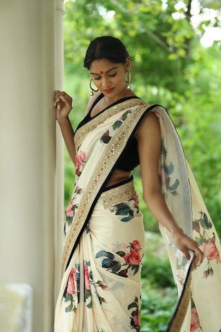 Off White Floral Print Embroidered Saree