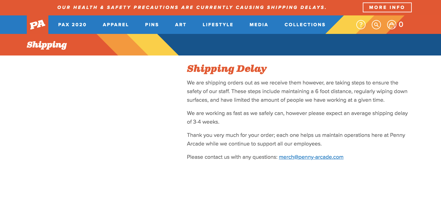Penny Arcade Shipping Delay