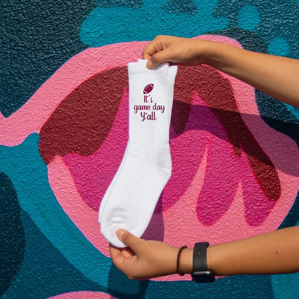 This is an image of It’s Game Day Y’all Personalized Football Crew Socks.