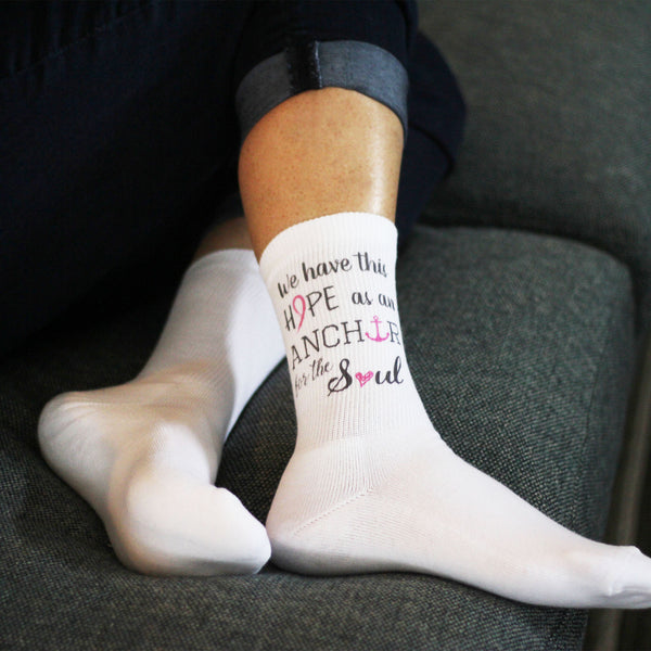 This is an image of Pink Ribbon Breast Cancer Awareness crew socks.