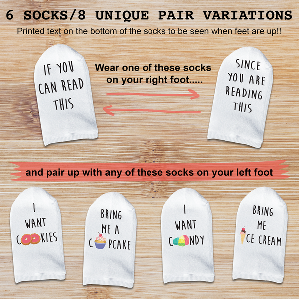 This is an image of sweets and treats themed Mix & Match Bottoms Up "If You Can Read This" sock sets.