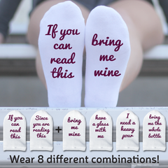 This is an image of the wine themed Mix & Matcha Bottoms Up "If You Can Read This" sock sets.