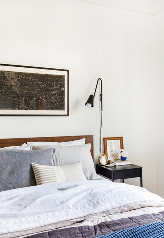 Bedroom featuring Minimal Striped Linen Lumbar Pillow by Jillian Rene Decor
