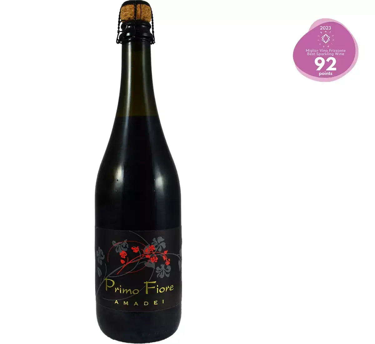 Awarded at Vinitaly 2023, Lambrusco Primo Fiore is presented in a bottle with a dark label and mushroom cap.