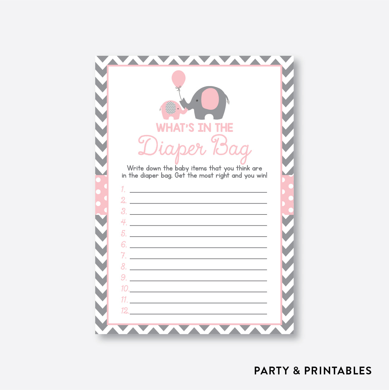 Elephant Guess What's In Diaper Bag / Non-Personalized / Instant Download (SBS.36)