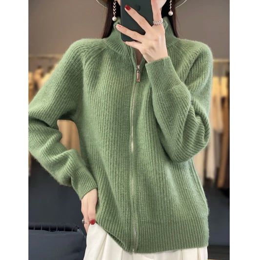 100% Merino Wool Knitting Sweater Turtleneck Zipper Cardigan Autumn/Winter cashmere jacket
