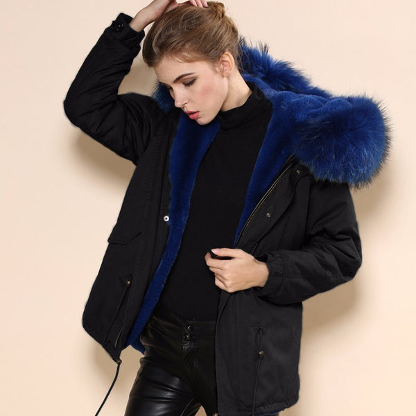 black coat with blue fur hood