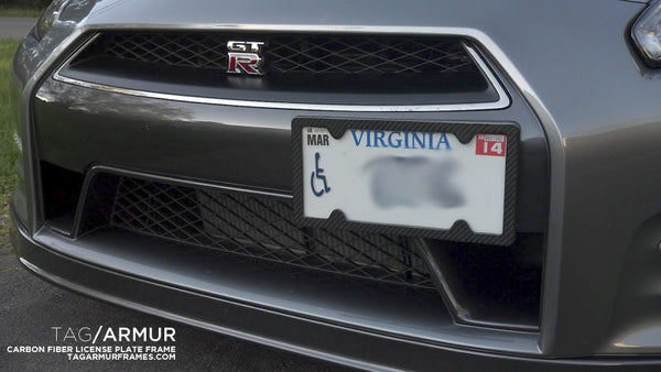 GT-R with TagArmur carbon fiber license plate frame