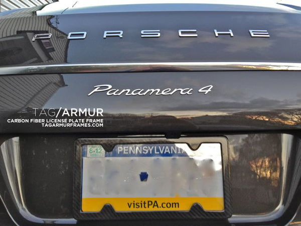 Porsche Panamera with TagArmur carbon fiber license plate frame
